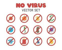 Nej virus vektor uppsättning. färgrik virus, bakterie, och bakterier med förbjudna tecken ClipArt tecknad serie platt stil, hand dragen klotter. sjukhus och medicinsk begrepp