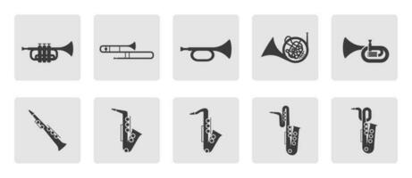 mässing instrument ikon uppsättning. trumpet, trombon, tuba, bugla, saxofon, franska horn silhuett tecken ikon symbol piktogram vektor illustration