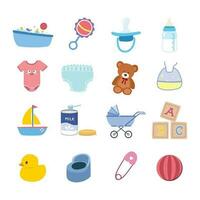 bebis dusch vektor uppsättning. badkar, skallra, napp, bebis flaska, blöja, leksaker, transport, mjölk formel, potta, säkerhet stift ClipArt tecknad serie stil, platt design