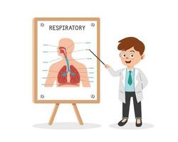 respiratorisk systemet ClipArt tecknad serie stil. läkare presenter mänsklig respiratorisk systemet på medicinsk seminarium platt vektor illustration. nasal, lunga, diafragman. sjukhus, medicinsk, läkare konferens begrepp