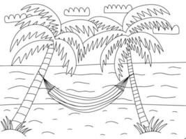 vektor strand landskap med hängmatta och palmer färg sida. hand dragen färg sida med sommar sand strand