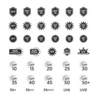 uppsättning av enkel platt spf Sol skydd ikoner för Solskydd förpackning. vektor