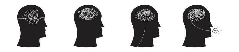 huvud silhuett med rörig hand teckning linje illustration av mental sjukdom, känsla, huvudvärk, och depression vektor