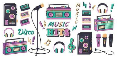 uppsättning av musikalisk element i retro stil av 90-talet, 80-tal, 70-tal. hand dragen musikalisk tecknad serie mall med slagord handla om musik. ClipArt. vektor illustration för nostalgi musikalisk fest, reklam affisch