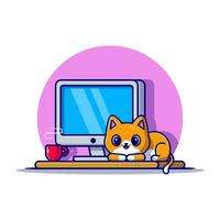 niedliche katze und computer-cartoon-vektor-symbol-illustration. tiertechnologie-symbol-konzept isolierter premium-vektor. flacher Cartoon-Stil vektor