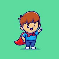 söt pojke superhjälte tecknad serie vektor ikon illustration. människor mode ikon begrepp isolerat premie vektor. platt tecknad serie stil