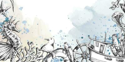 Marine Tiere mit ein Angeln Boot, ein Lenkung Rad und ein Leben Boje. Illustration von Hand gezeichnet Grafik, Vektor im eps Format. Vorlage, Rahmen