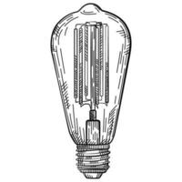 hand dragen ljus Glödlampa i årgång graverat stil. elektrisk lampa skiss. vektor