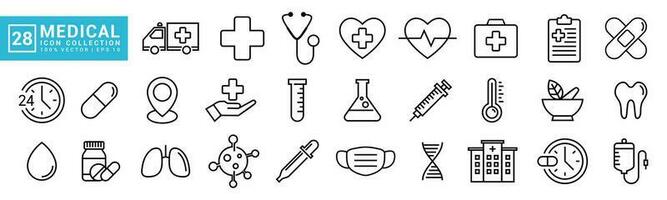 Sammlung von medizinisch Symbol, Gesundheitspflege, medizinisch Ausrüstung, editierbar und der Größe veränderbar Vektor eps 10.