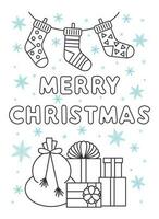 vektor illustration. glad jul och ny år hälsning kort, affisch, Semester omslag. jul design med skön snöflingor i de stil av linjär konst. gåva lådor, jul strumpor
