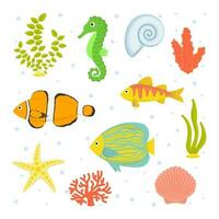 Vektor Illustration. Sammlung von Silhouetten von Muscheln, Seepferdchen, Fisch, Algen und Seestern im Karikatur Stil.