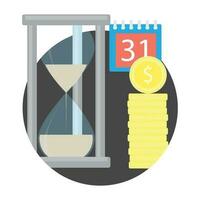 Zeit Geld Symbol. Budget Stapel und Sand Uhr, Anzahlung Kapitalisierung, Vektor Illustration