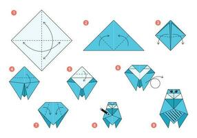 flyga origami schema handledning rör på sig modell. origami för ungar. steg förbi steg på vilket sätt till göra en söt origami insekt. vektor illustration.