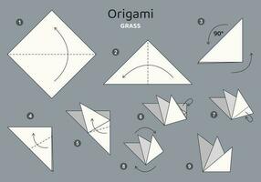 gräs origami schema handledning rör på sig modell på grå bakgrund. origami för ungar. steg förbi steg på vilket sätt till göra en söt origami växt. vektor illustration.