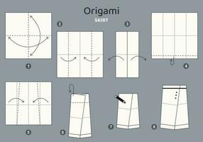 kjol origami schema handledning rör på sig modell på grå bakgrund. origami för ungar. steg förbi steg på vilket sätt till göra en söt origami trasa för kvinnor. vektor illustration.