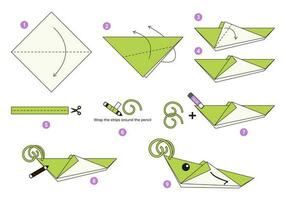 Heuschrecke Origami planen Lernprogramm ziehen um Modell. Origami zum Kinder. Schritt durch Schritt Wie zu machen ein süß Origami Insekt. Vektor Illustration.
