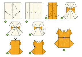 Kleid Origami planen Lernprogramm ziehen um Modell. Origami zum Kinder. Schritt durch Schritt Wie zu machen ein süß Origami Stoff zum Frauen. Vektor Illustration.