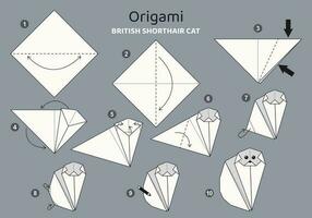 brittiskt kort hår katt origami schema handledning rör på sig modell på grå bakgrund. origami för ungar. steg förbi steg på vilket sätt till göra en söt origami katt. vektor illustration.