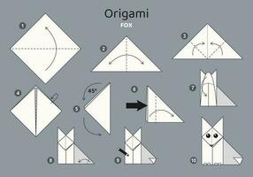 räv origami schema handledning rör på sig modell på grå bakgrund. origami för ungar. steg förbi steg på vilket sätt till göra en söt origami räv. vektor illustration.