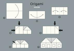 små hus origami schema handledning rör på sig modell på grå bakgrund. origami för ungar. steg förbi steg på vilket sätt till göra en söt origami hus. vektor illustration.