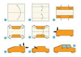 Auto Origami planen Lernprogramm ziehen um Modell. Origami zum Kinder. Schritt durch Schritt Wie zu machen ein süß Origami Automobil. Vektor Illustration.