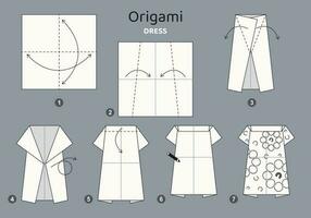 klänning origami schema handledning rör på sig modell på grå bakgrund. origami för ungar. steg förbi steg på vilket sätt till göra en söt origami trasa för kvinnor. vektor illustration.