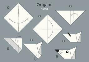 mus origami schema handledning rör på sig modell på grå bakgrund. origami för ungar. steg förbi steg på vilket sätt till göra en söt origami mus. vektor illustration.