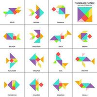 Tangram Puzzle Spiel zum Kinder. Vektor bunt Sammlung mit verschiedene isoliert Fisch. isoliert Tangram Meer und Ozean Leben Symbole auf Weiß Hintergrund. Vektor Illustration