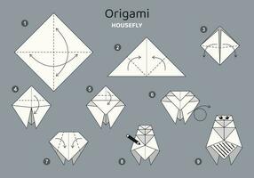 husfluga origami schema handledning rör på sig modell på grå bakgrund. origami för ungar. steg förbi steg på vilket sätt till göra en söt origami flyga. vektor illustration.