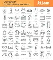 groß einstellen von Zubehör Linie Symbole. Mode Zubehör, Taschen, Hüte, Schmuck, betrachten, Sonnenbrille, Handschuhe, Rucksack zum Männer und Frauen. linear Symbol einstellen mit editierbar Schlaganfall. isoliert 56 Vektor Symbole.