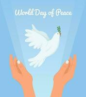 fliegend Taube von Frieden mit Olive Ast auf das Inschrift Welt Tag von Frieden auf Licht Blau Hintergrund. vektor