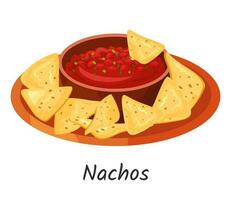 Mexikaner Mais Chips Nachos mit Salsa tauchen. Mais Tortilla Chips traditionell Lebensmittel. Mexikaner, Straße, Zuhause Essen Symbol zum Speisekarte. Vektor Illustration isoliert auf Weiß Hintergrund