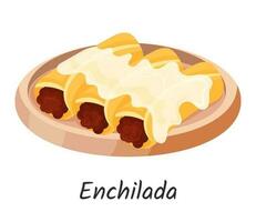 Enchilada Mexikaner traditionell Lebensmittel. dünn Mais Tortilla mit Fleisch. Vektor Illustration isoliert auf Weiß Hintergrund