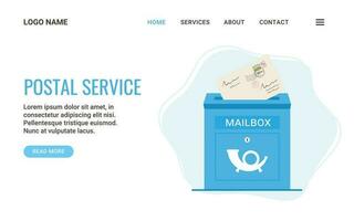Landung Seite Vorlage Post- Service. Blau Briefkasten mit ein Brief. Brief Mail Lieferung oder Speicherung Konzept. Vektor eben Illustration
