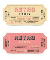 Jahrgang einstellen von Tickets im zwei Farben Vorlage. retro Party Einladung Karte Design. Name Festival Coupon mit Datum, Ort, Nummer. Vektor Illustration isoliert auf Weiß Hintergrund