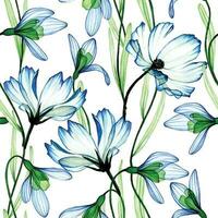 vattenfärg teckning. sömlös mönster, skriva ut av transparent blommor. vår blå blommor på en vit bakgrund, röntgen vektor