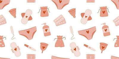 Frauen Hygiene Elemente nahtlos Muster. Menstruation Zyklus, ucunderpants, sanitär Pads, Tampons, Menstruation- Tasse Vektor Illustration