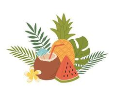 Kokosnuss Cocktail, Ananas und Wassermelone mit tropisch Blätter Vektor Illustration. Sommer- trinken und Früchte. Dekoration zum Bar, Speisekarte, Banner, drucken