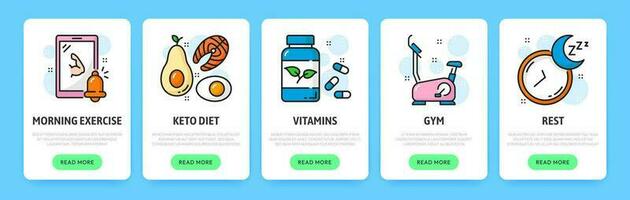 mobil app onboarding skärm, keto diet, kondition vektor