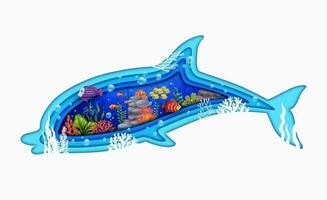 tecknad serie delfin papper skära silhuett, under vattnet vektor
