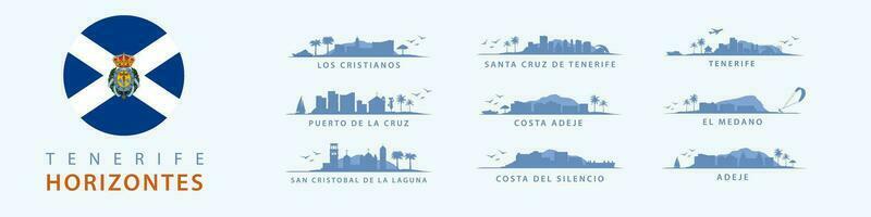 Tenerife Insel Skylines, Silhouetten von Santa cruz, Costa adeje, Costa del Stille, san Cristóbal, puerto de la cruz, el Medano, los cristianos. Spanisch tropisch Reise Reiseziele. Sammlung vektor