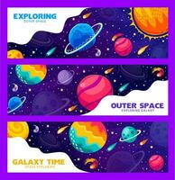 Plats resa och utforska banderoller, starry galax vektor