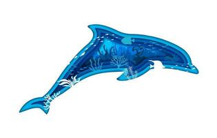 Delfin Silhouette mit Meer unter Wasser Papier Schnitt vektor