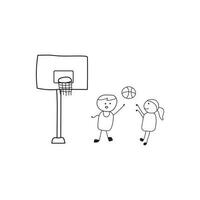 hand dragen barn teckning stil söt barn spelar basketboll i en tecknad serie stil vektor