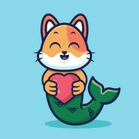 süß Meerjungfrau Katze halten ein Herz Karikatur Vektor Illustration