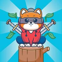 süß Hund Ninja Maskottchen mit Schwert Sitzung auf Holz Karikatur Vektor Illustration