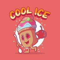 cool Eis Sahne Charakter halten ein Kirsche Vektor Illustration. Essen, lustig, branding Design Konzept.