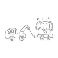 Hand gezeichnet Illustration Vektor Grafik Kinder Zeichnung Stil komisch süß Abschleppen LKW Abschleppen ein Elefant im ein Karikatur Stil