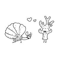 Hand gezeichnet süß Schale und Koralle Karikatur Maskottchen Charakter Vektor Illustration Farbe Kinder Karikatur Clip Art