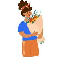 ein Frau hält ein Strauß von Blumen im ihr Hände. Konzept zum das Mutter Tag, Valentinstag Tag, März 8, Damen Tag. vektor